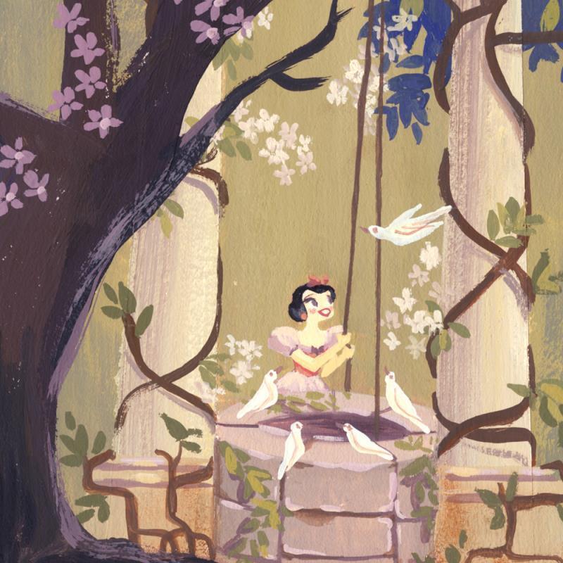 I'm Wishing by Lorelay Bove.  Snow White standing by the well in the woody garden, daydreaming of her prince -closeup.