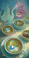 Alice, Mad Hatter, Queen of Hearts, and the White Rabbit floating inside the tea cups, as the Cheshire Cat hovers over himps.