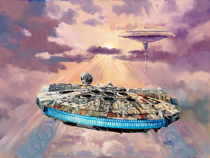 Imminent Danger by Line Tutwiler  The Millennium Falcon approaches Cloud City, floating in the upper atmosphere of Bespin - Canvas