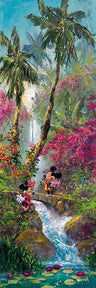 The waterfall's water runs down the stream that separates Minnie from Mickey, as he tries to reach Minnie by crossing a stone bridge.