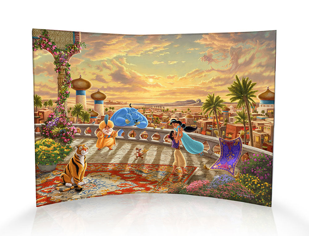 Princess Jasmine and Aladdin twirl about underneath the Arabian sunset with the magic carpet 