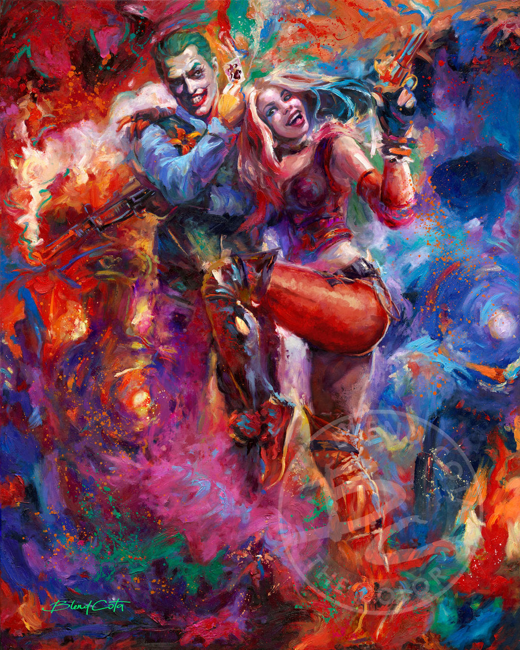 The Joker &amp; Harley Quinn as pair of predators out on a sinister prowl...never miss a dull moment...Limited Edition on Premium Canvas.