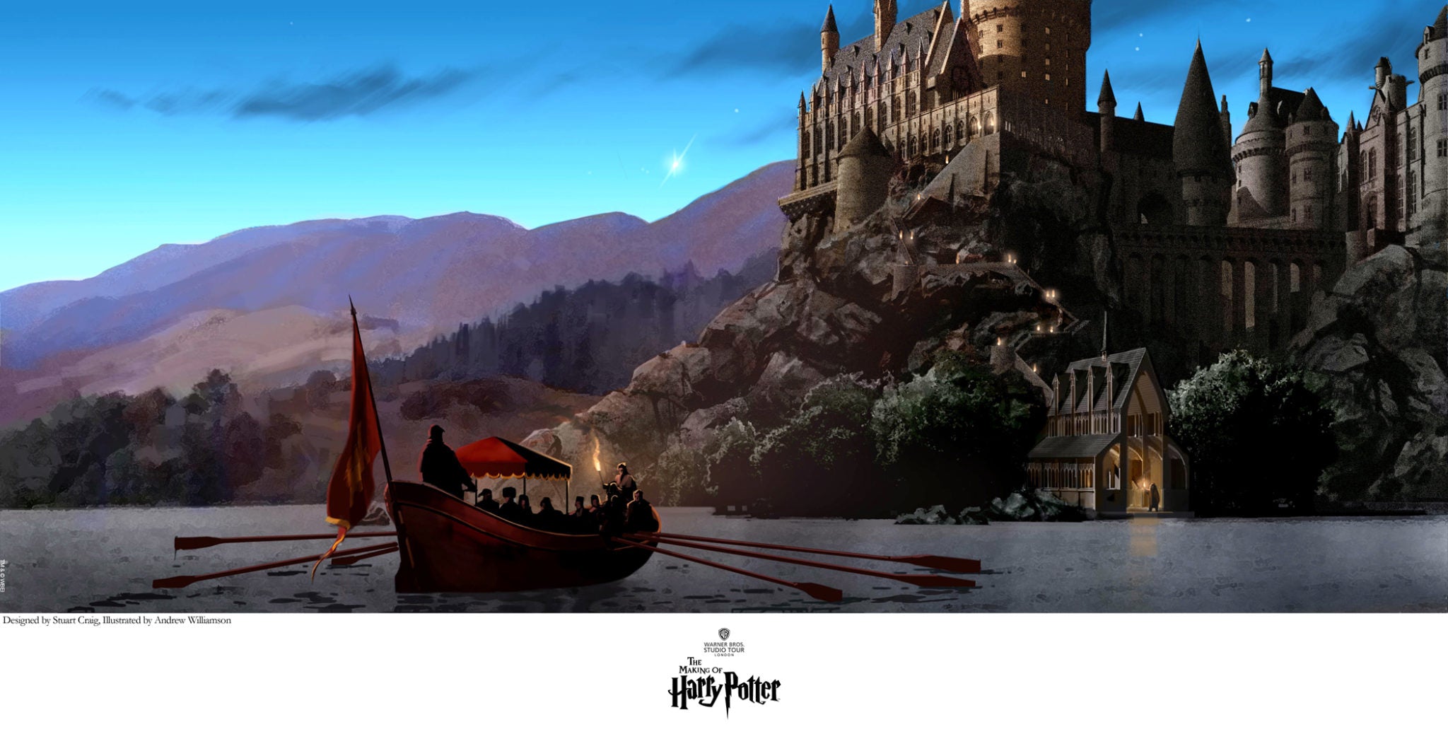 Students headed to Hogwarts castle by boat.