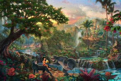 Mowgli the man-cub, the evil tiger Shere Khan, the wise panther Bagheera and Baloo, the lovable Poppa Bear. Set in a verdant jungle and highlighted by flowers, waterfalls, and palms, one can almost smell the canopied gardenias, the rushing of the water and the monkeys in the trees - unframed