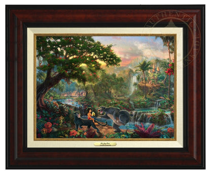 Jungle Book by Thomas Kinkade Studios.  Mowgli  the man-cub sits on the back of Bagheera while eating his banana, and watches Baloo play around - Burl Frame