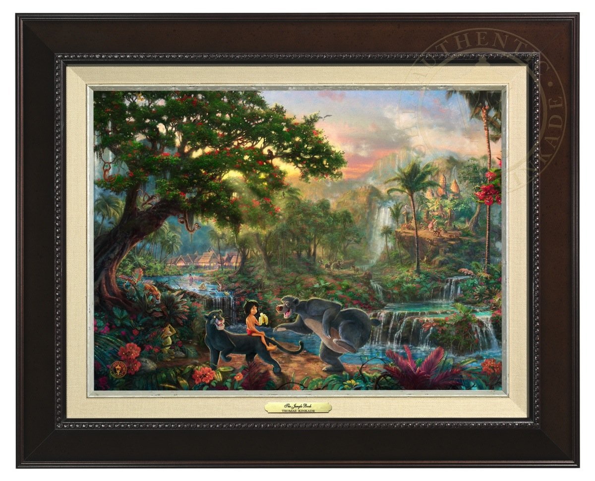 Jungle Book by Thomas Kinkade Studios.  Mowgli  the man-cub sits on the back of Bagheera while eating his banana, and watches Baloo play around - Espresso