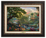 Jungle Book by Thomas Kinkade Studios.  Mowgli  the man-cub sits on the back of Bagheera while eating his banana, and watches Baloo play around - Aged Bronze Frame
