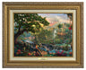 Jungle Book by Thomas Kinkade Studios.  Mowgli  the man-cub sits on the back of Bagheera while eating his banana, and watches Baloo play around - Antique Gold Frame