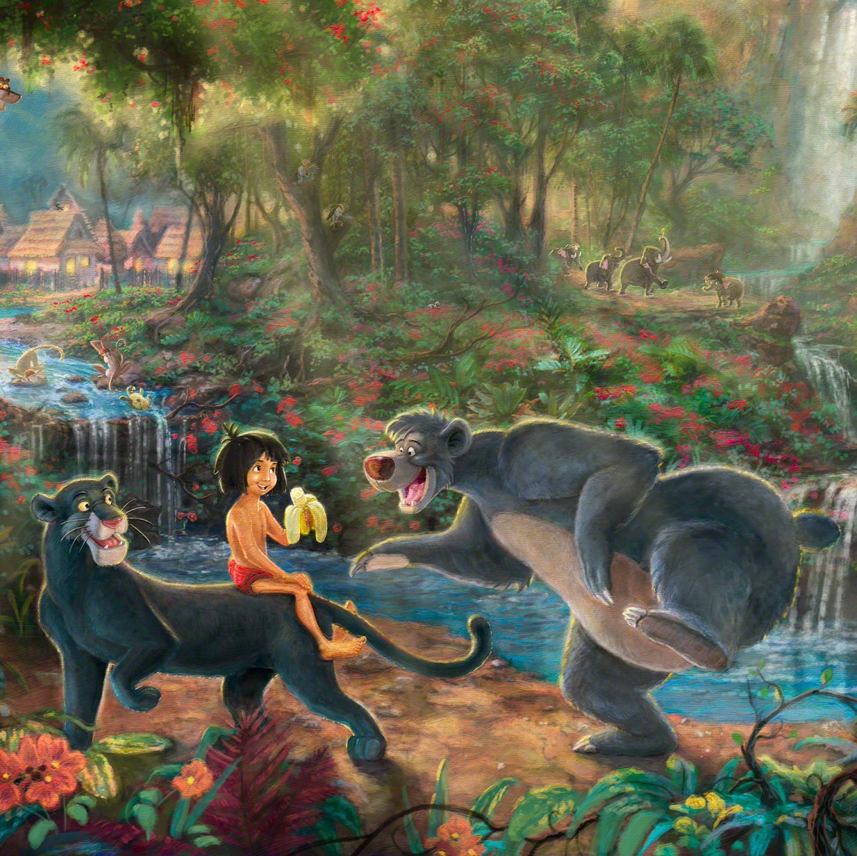 At the center of it all Mowgli the man-cub, the evil tiger Shere Khan, the wise panther Bagheera and Baloo, - closeup