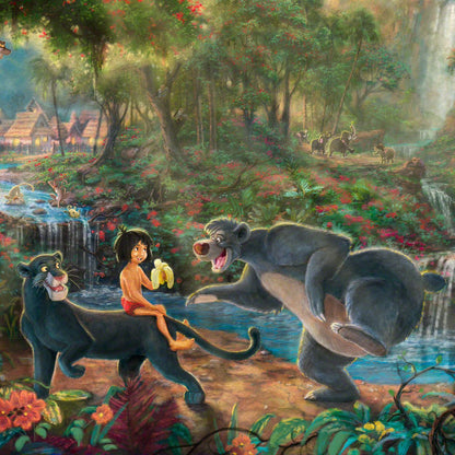 At the center of it all Mowgli the man-cub, the evil tiger Shere Khan, the wise panther Bagheera and Baloo, - closeup