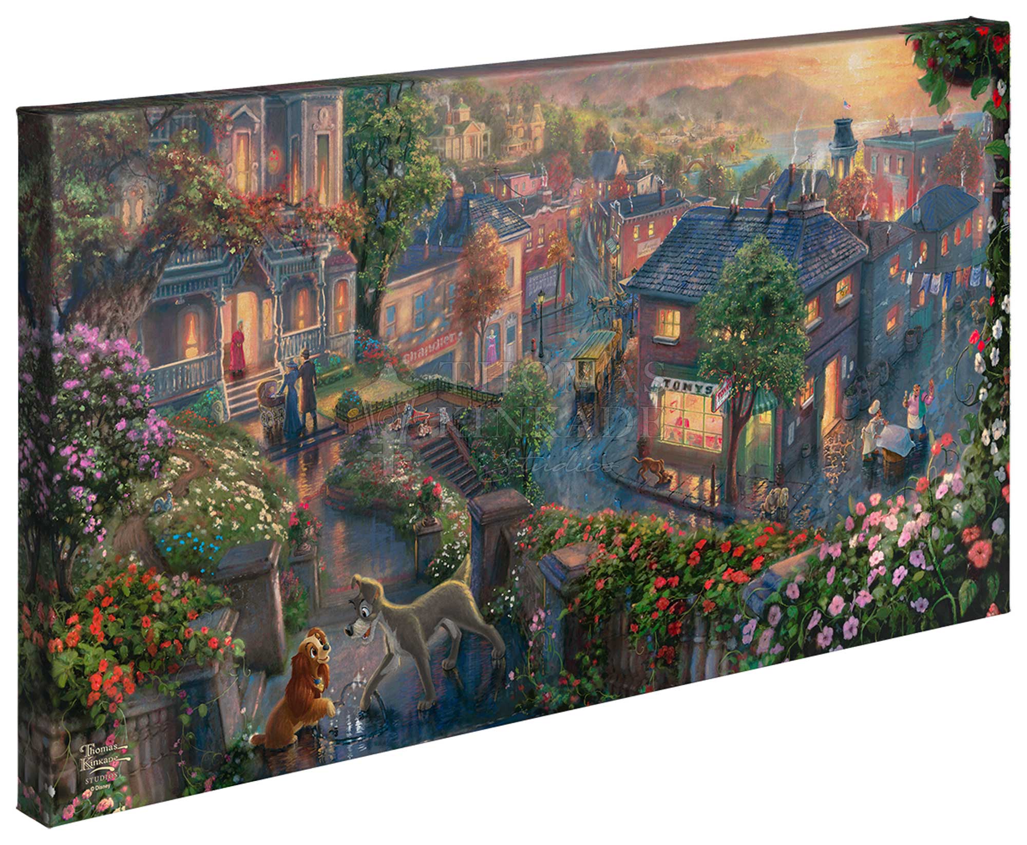 The blossoming relationship between Lady, an innocent and beautiful cocker spaniel, and Tramp, a roguish mutt from "the wrong side of the tracks. The lights glow as the sun sets on this beautiful Victorian City. 16x31