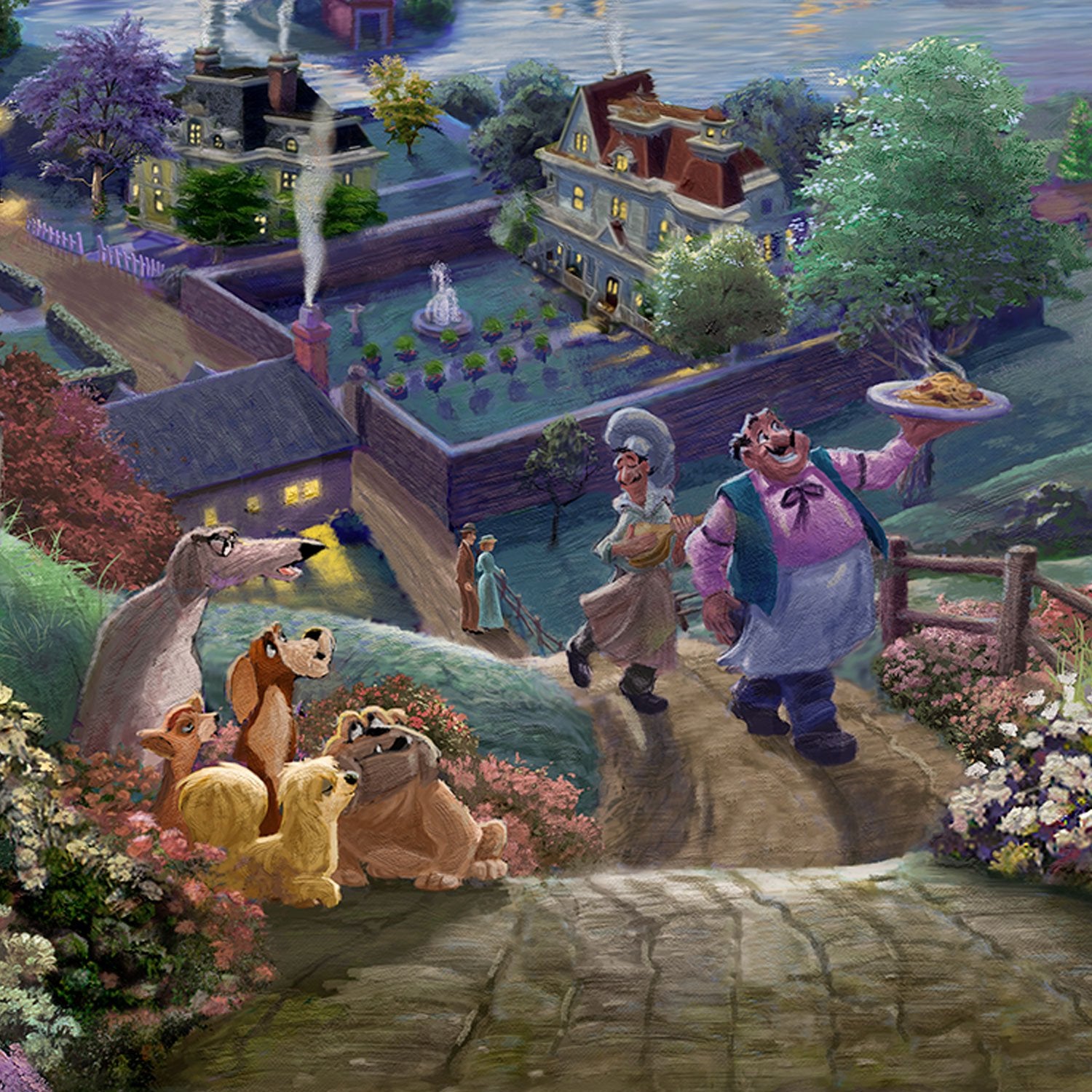 Tony and Joe head uphill towards Lady and the Tramp delivering a special meal - closeup