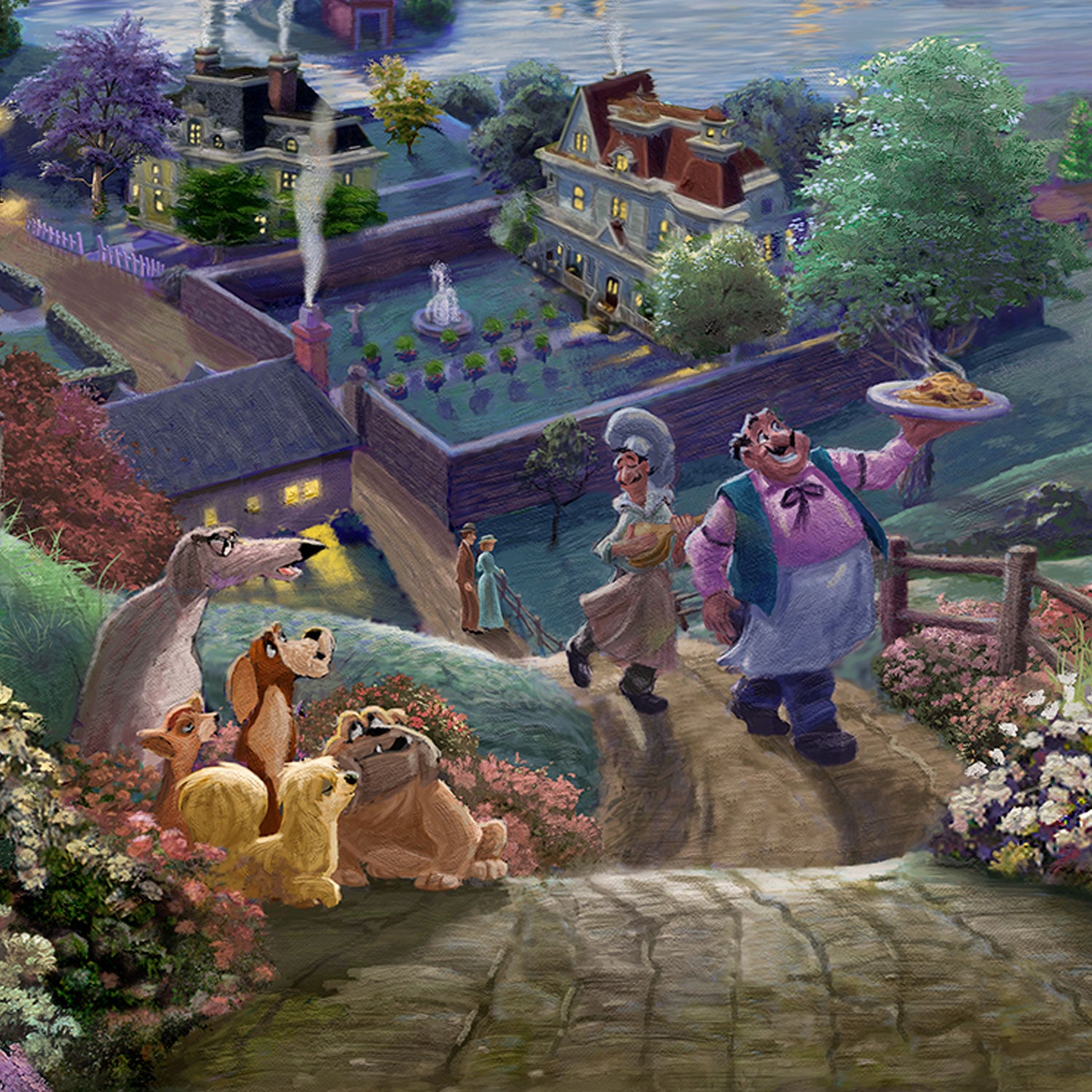 Tony and Joe head uphill towards Lady and the Tramp delivering a special meal. - closeup