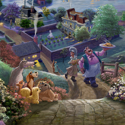 Tony and Joe head uphill towards Lady and the Tramp delivering a special meal. - closeup