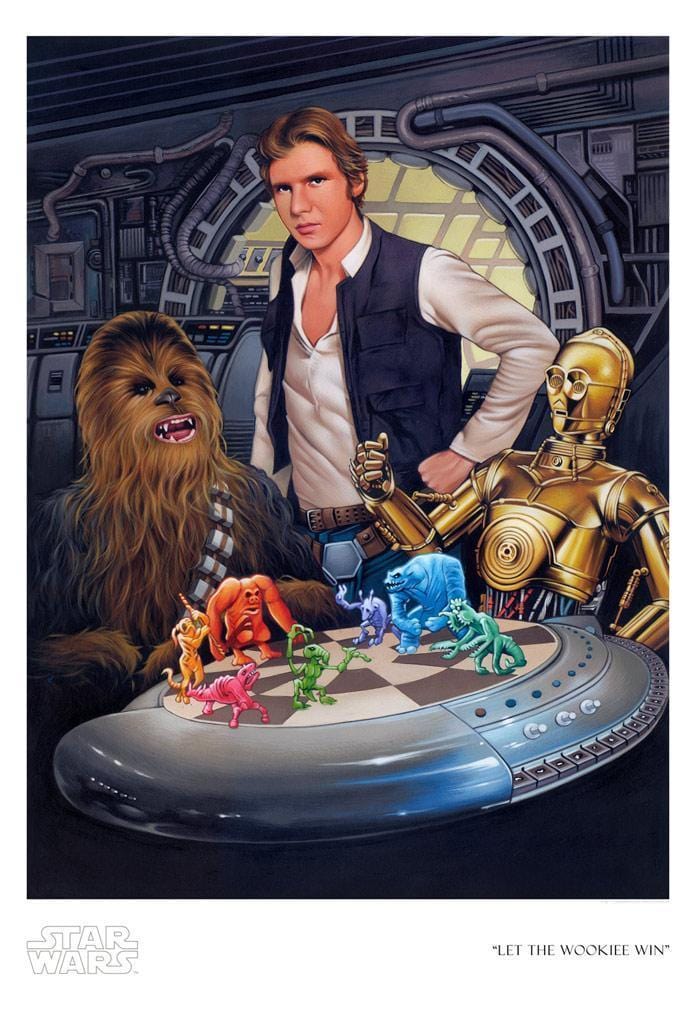 Han tells C3PO to let Chewbacca win, at the popular holographic board game called Dejarik - Paper