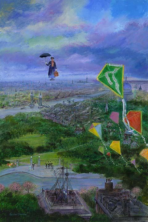 Let's Go Fly A Kite by Harrison Ellenshaw.  Mary Poppins flies over head holding her black umbrella and red handbag, among a bunch of colorful kites. 