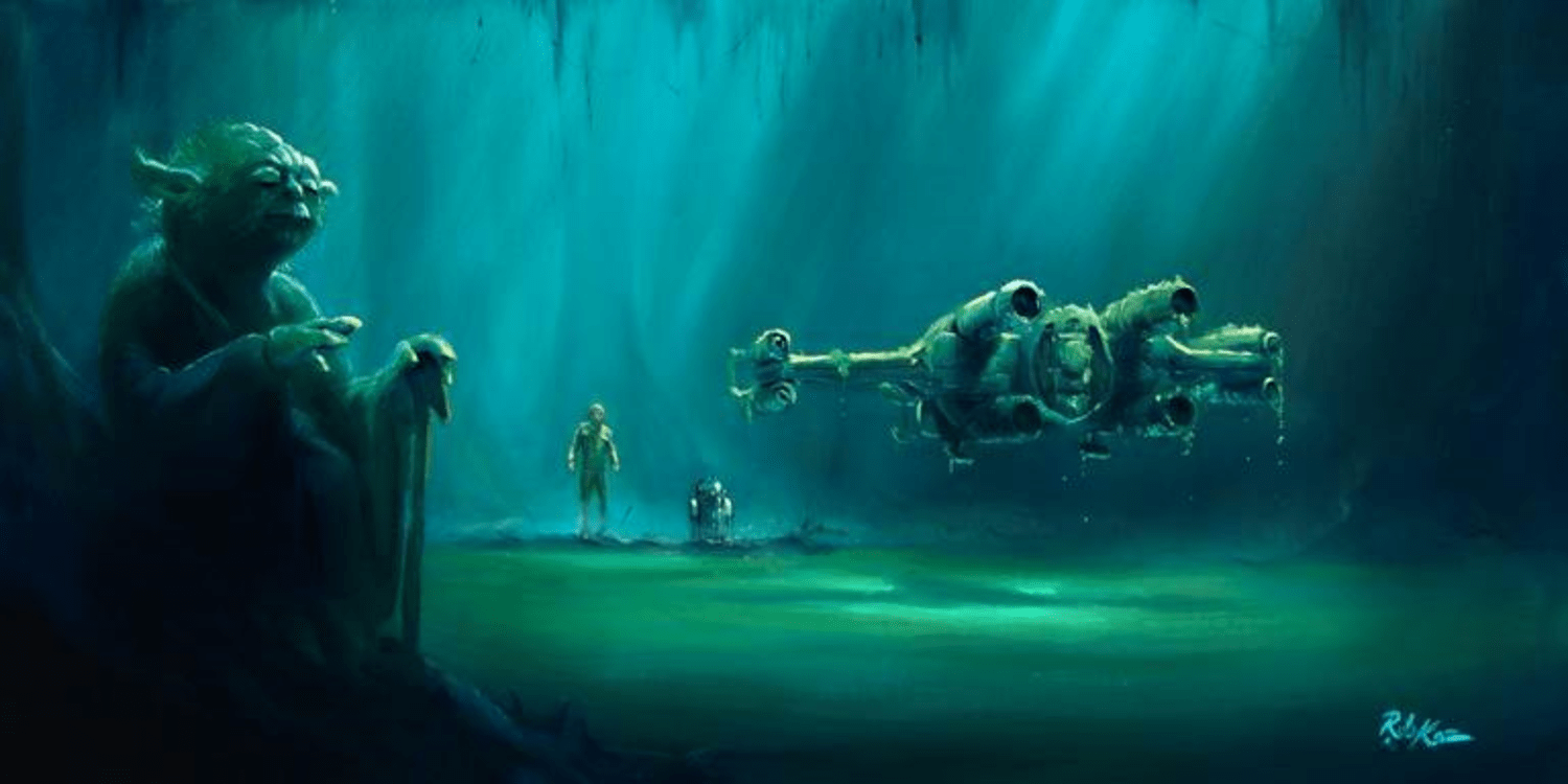 Yoda, uses the force to lift Luke's  X-wing fighter out off the swampy waters.