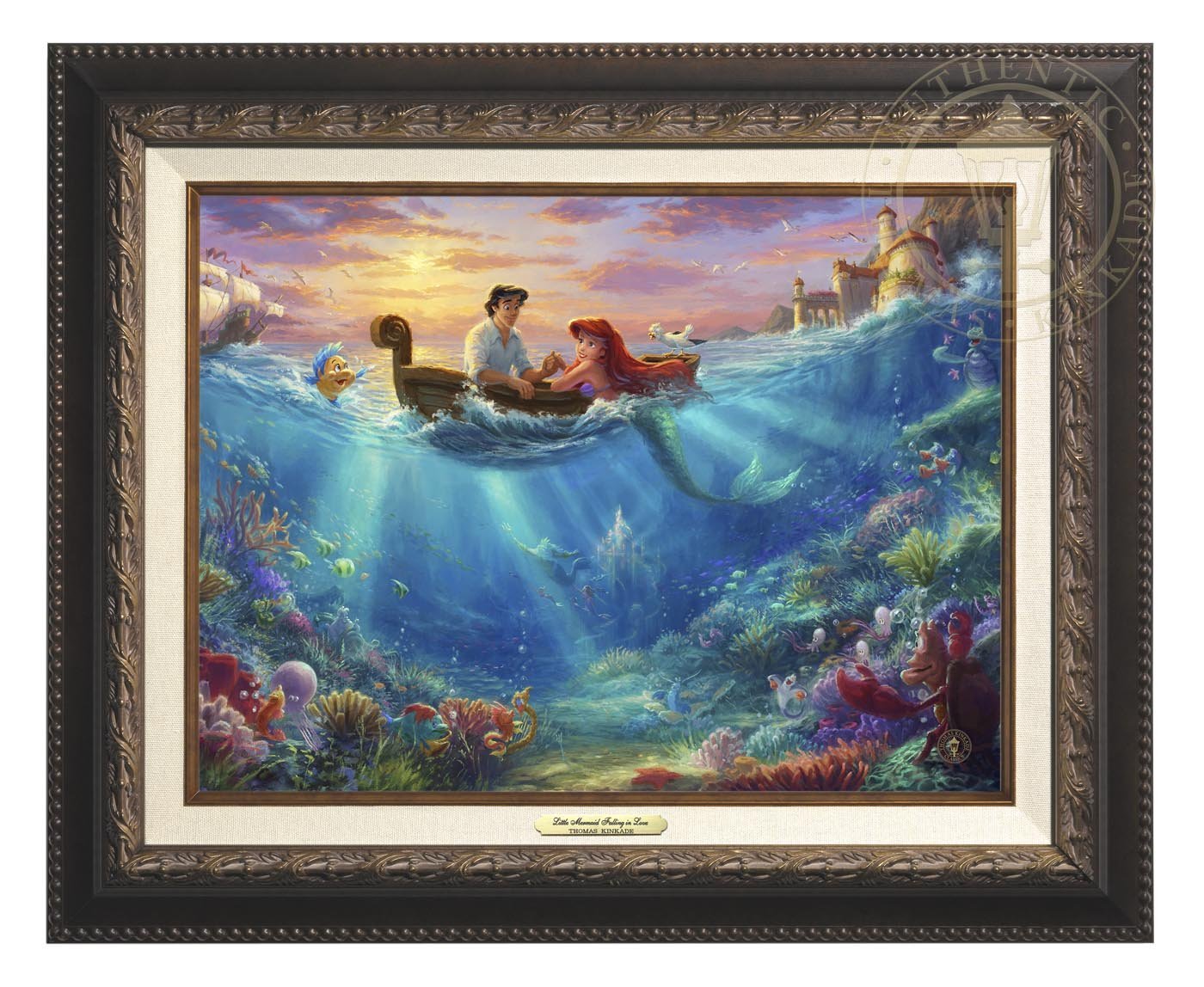 Little Mermaid Falling in Love by Thomas Kinkade Studios.  Ariel and Prince Eric share precious time together with Flounder and Sebastian nearby. The wretched sea witch, Ursula, lurks in the shadows for her opportunity to strike. Deep below King Triton races from the castle in Atlantica to rescue his daughter - Aged Bronze Frame