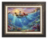 Little Mermaid Falling in Love by Thomas Kinkade Studios.  Ariel and Prince Eric share precious time together with Flounder and Sebastian nearby. The wretched sea witch, Ursula, lurks in the shadows for her opportunity to strike. Deep below King Triton races from the castle in Atlantica to rescue his daughter - Aged Bronze Frame