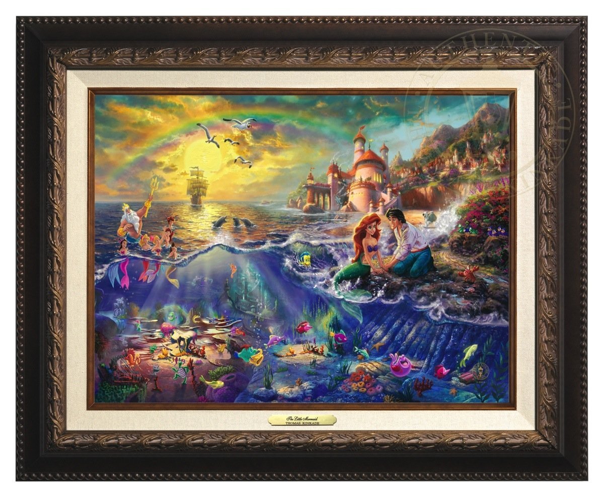 Little Mermaid by Thomas Kinkade.  Ariel and Prince Eric sitting by the shore - Aged Bronze Frame