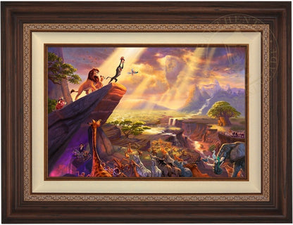 The proud parents Mufasa and Nala watch as Rafiki pays tribute to the new born cub Simba, the future King of the land on the Pride Rock for all the kingdom to see  - Dark Walnut Frame