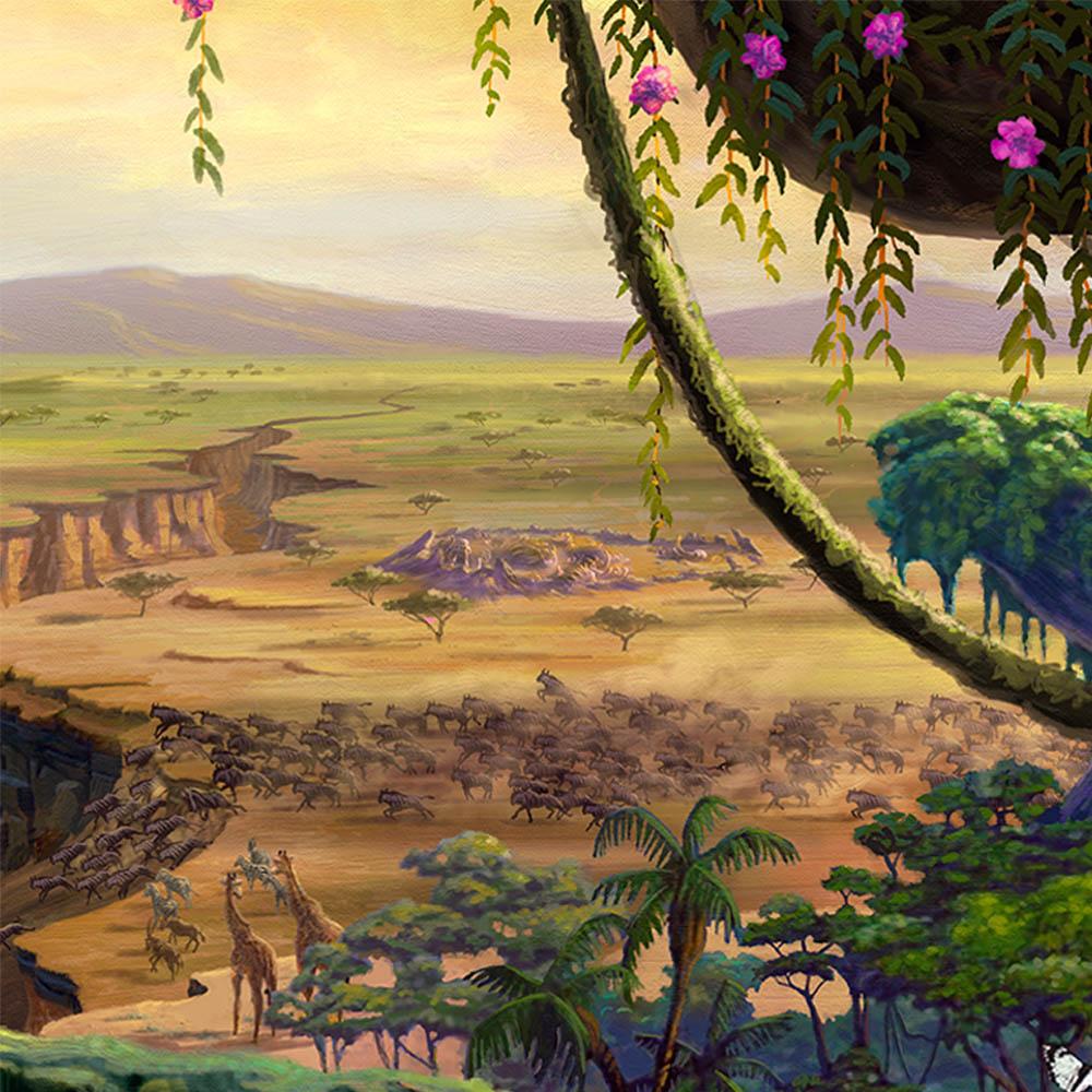 In the distance, the stampede that led to Simba’s exile is starting its descent down the ravine - Closeup.