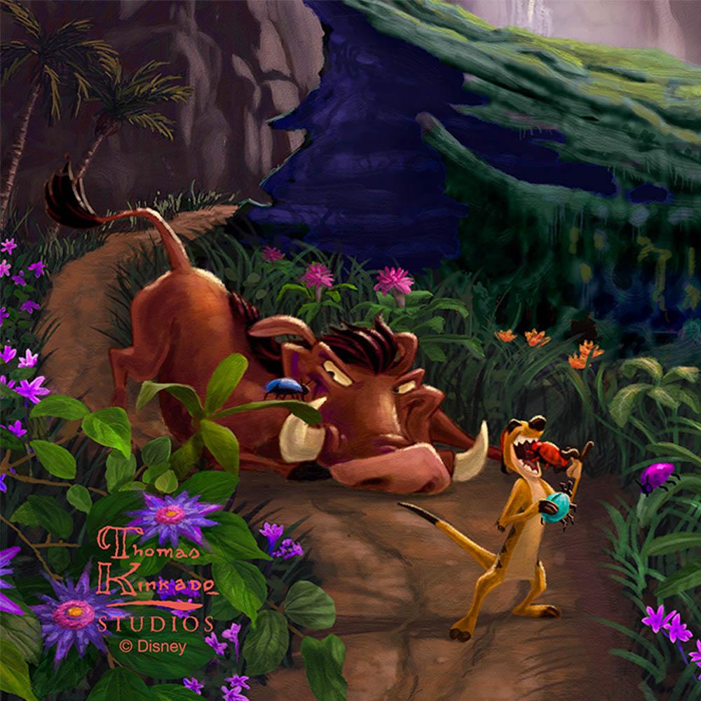 Timon and Pumbaa are jolly and happy as they feast on their favorite delicacies - closeup