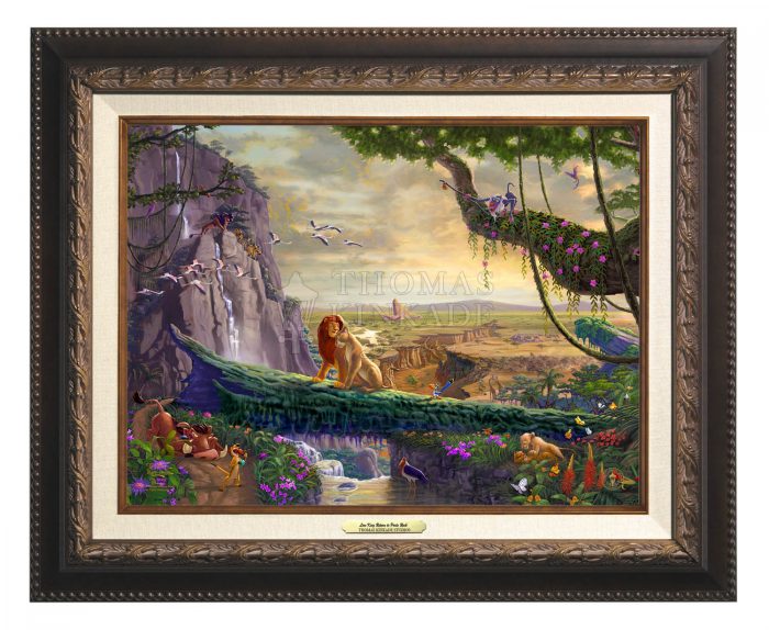 Simba and Nala, as a young adult, finding love, and in the distance presenting his son back on Pride Rock - Classic Aged Bronze Frame