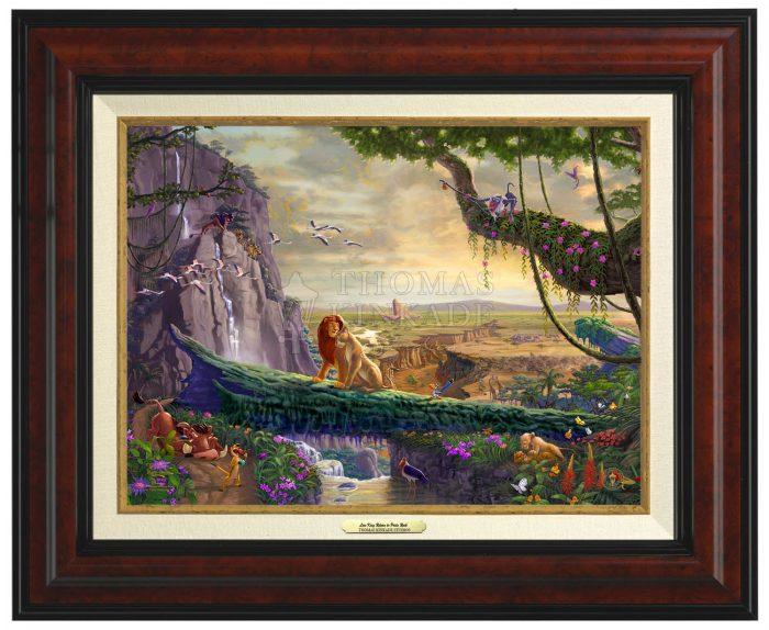 Simba and Nala, as a young adult, finding love, and in the distance presenting his son back on Pride Rock - Classic Burl Frame