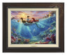 Little Mermaid Falling in Love by Thomas Kinkade Studios.  Ariel and Prince Eric share precious time together with Flounder and Sebastian nearby. The wretched sea witch, Ursula, lurks in the shadows for her opportunity to strike. Deep below King Triton races from the castle in Atlantica to rescue his daughter - Espresso Frame