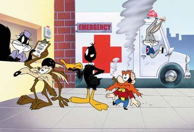 Ambulance driver Bugs drives Wile E. Coyote, Daffy Duck, and Yosemite Sam who are  injured to the medical emergency center.