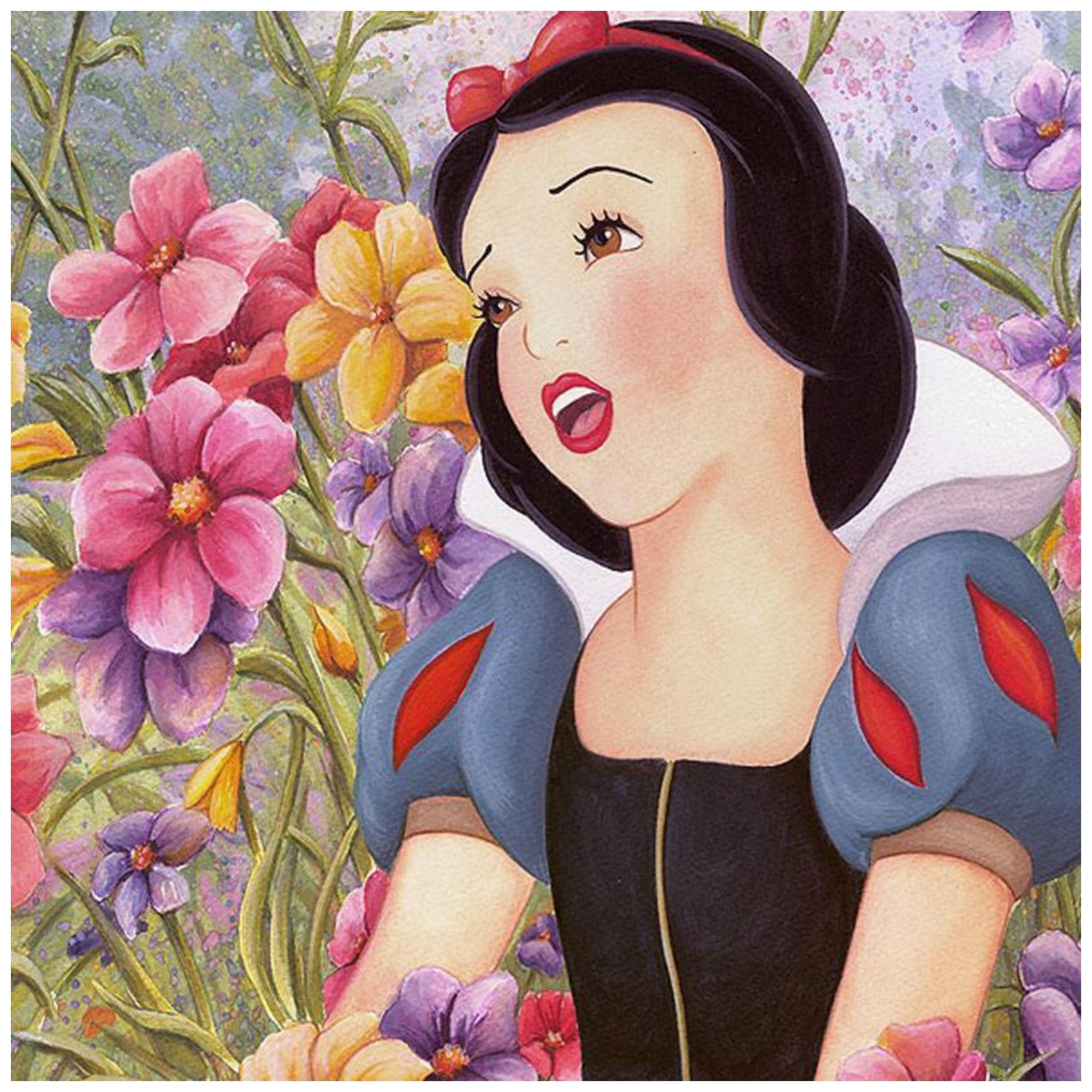 Love In Full Blossom by Michelle St. Laurent.  The beautiful Snow White singing her love songs in the garden of flowers - closeup