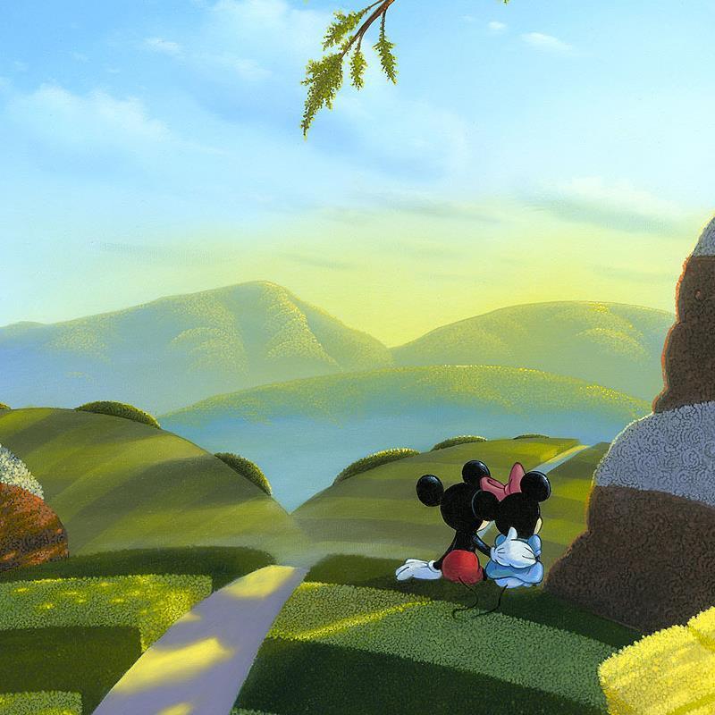 Love's Path by Michael Provenza.  Mickey has his arm wrapped around Minnie's waist, as they sit and rest under the tree shade by the side of path- closeup