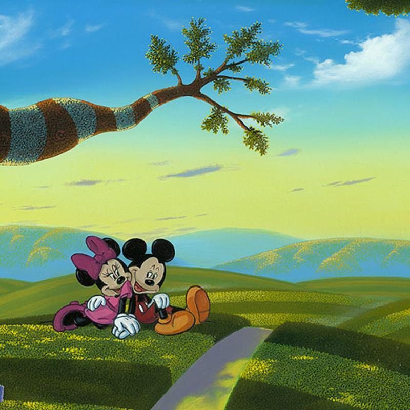 Lovin A New World by Michael Provenza.  Mickey and Minnie have discovered a whole new outdoor world together-closeup