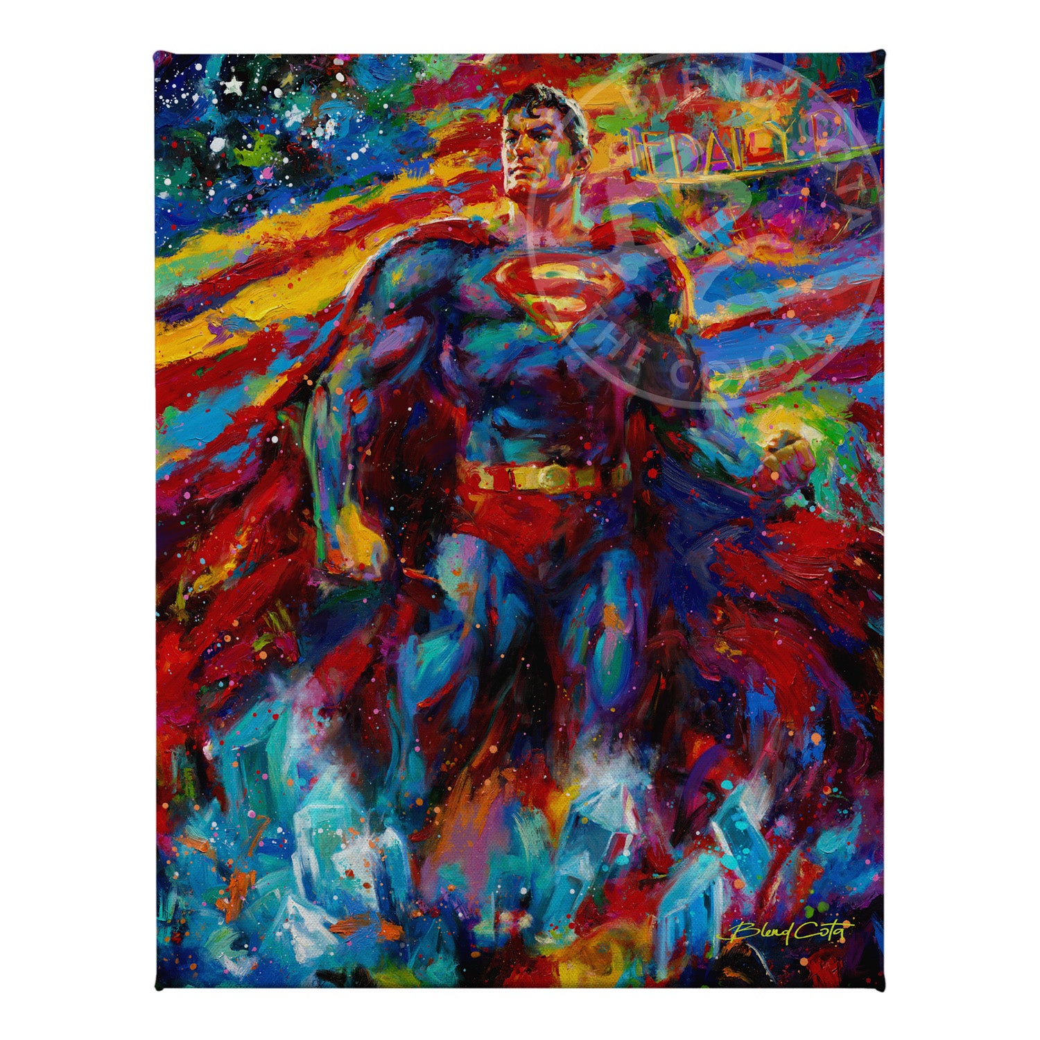 Red and blue tones are proudly used throughout this patriotic piece as Superman’s cape blends into the American Flag.  Front view