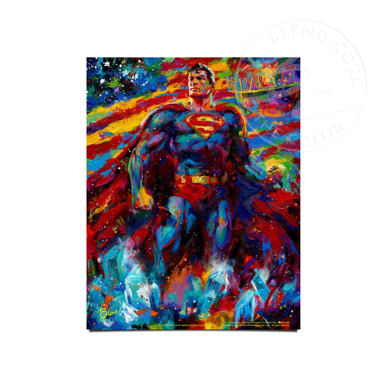 Red and blue tones are proudly used throughout this patriotic piece as Superman’s cape blends into the American Flag. - Art  Print