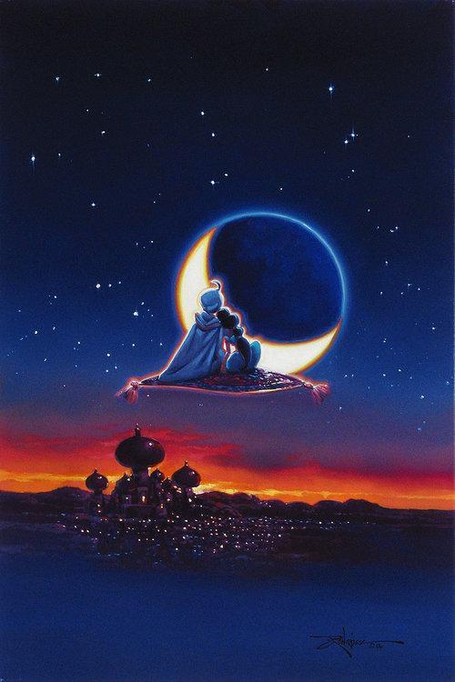 Magical Journey by Rodel Gonzalez  Aladdin and Jasmine fly over the kingdom of Agrabah on the magic carpet, by the light of the moon.  