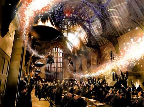 Fred and George Weasley flying over the Hogwart's great hall, from the movie Harry Potter and the Order of the Phoenix.