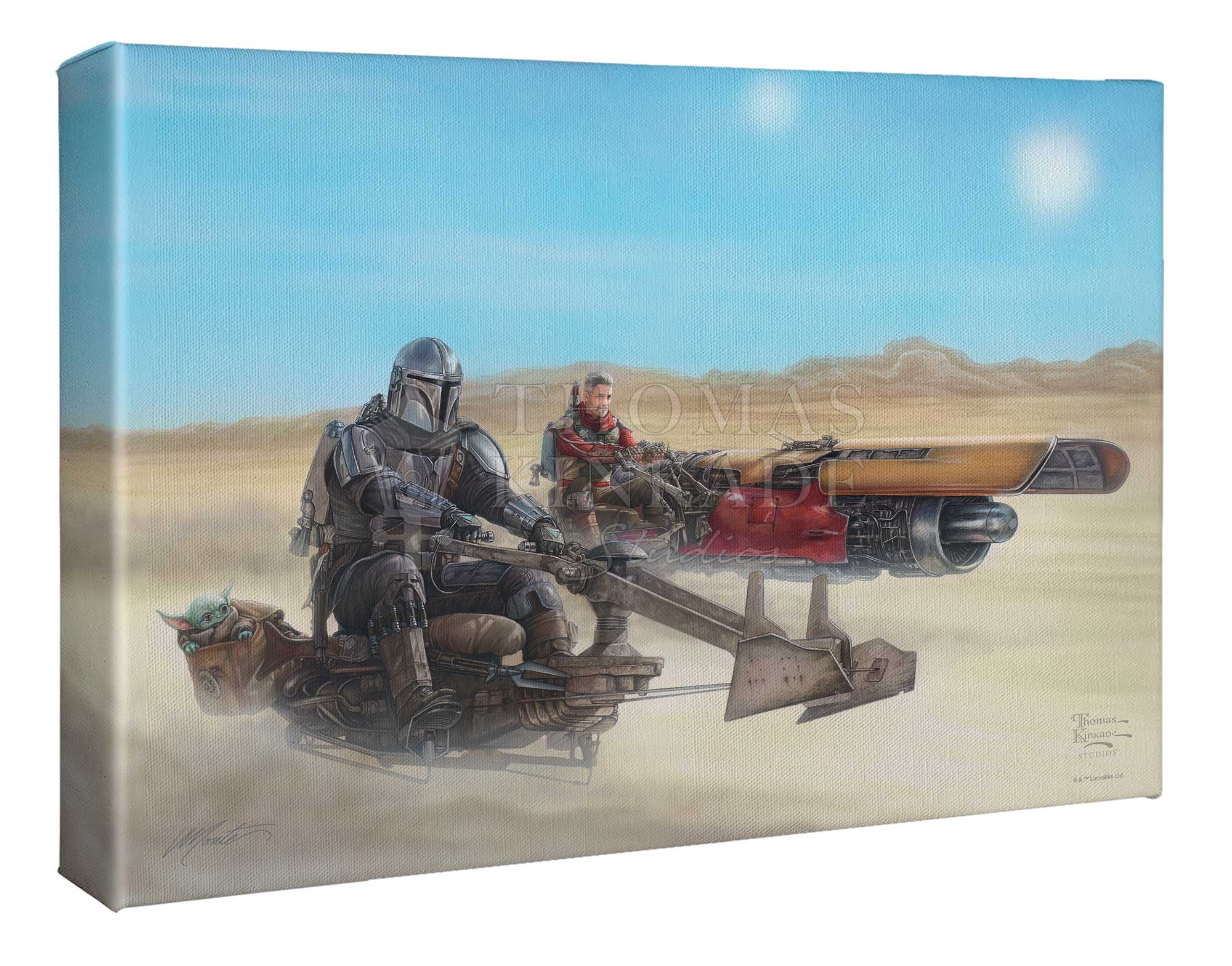 Mando rides on a Outer Rim speeder bike and the Marshal on a modified Podracer. as they travel to the Krayt Dragon’s Lair,  10x14