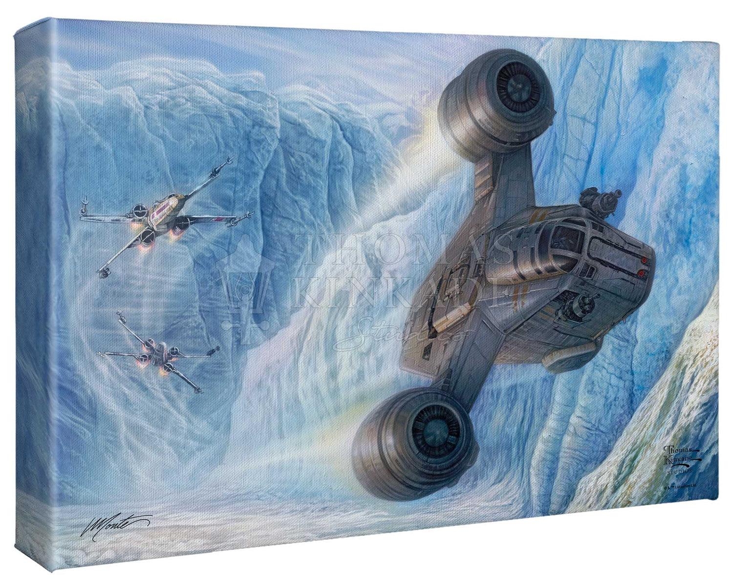 The Razor Crest is being chased by two  X-wing fighters. Artwork is inspired by Star Wars TV series, The Mandalorian. Gallery Wrap