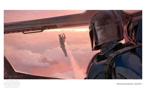 Mandalorian, watches from his Razor Crest as Jango Fett flys above him in his  harnessed jetpack - paper