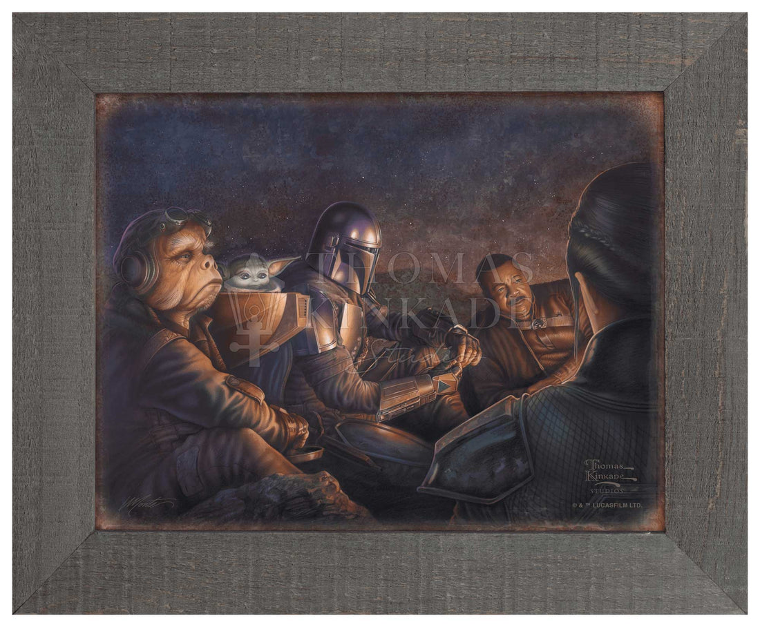 Features - Mando, Grogu, Kuiil and Greef Karga huddled around the camp fire.. Framed Metal Print