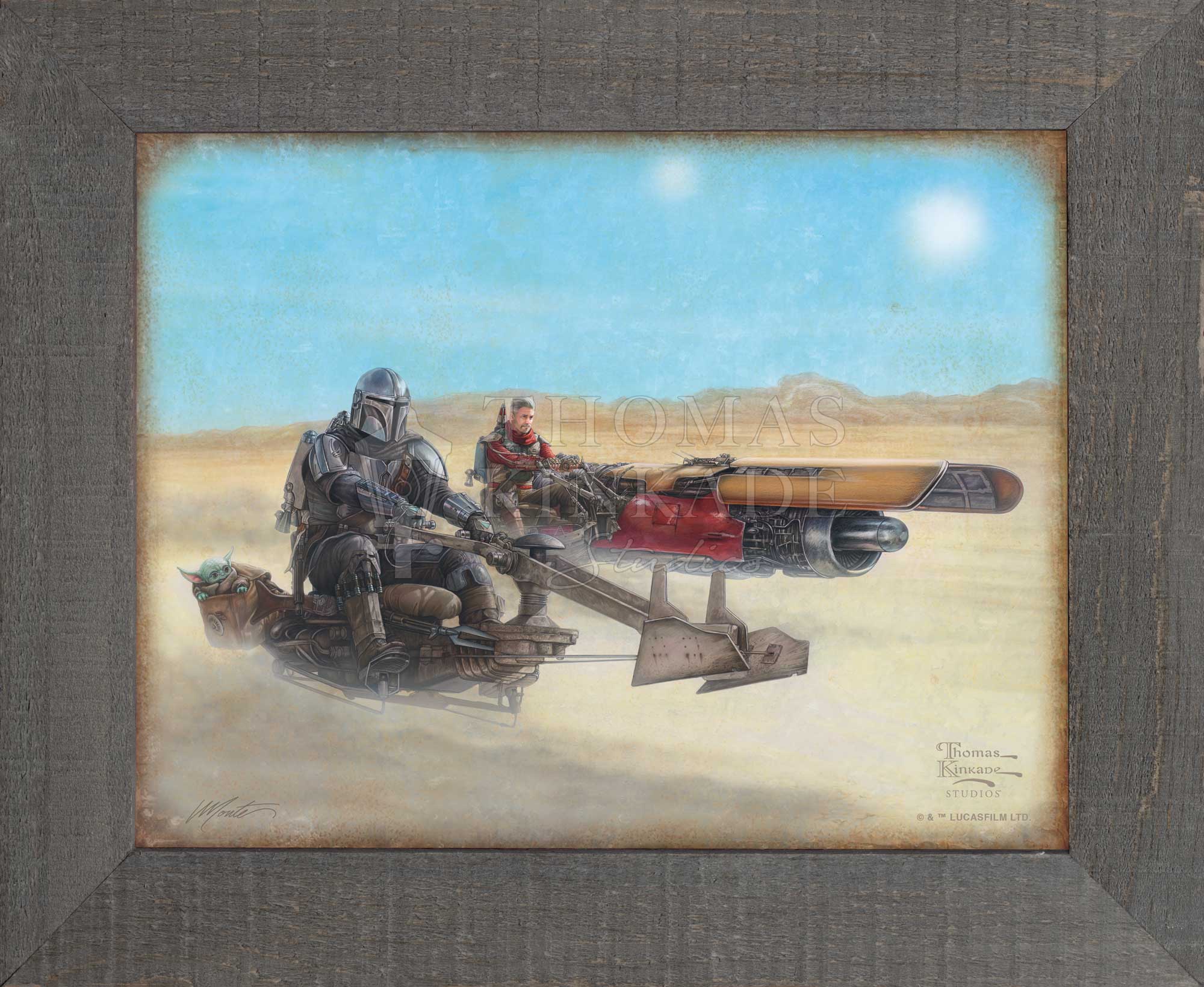 Mando’s rides on a Outer Rim speeder bike and the Marshal on a modified Podracer. as they travel to the Krayt Dragon’s Lair,  Metal Framed Print