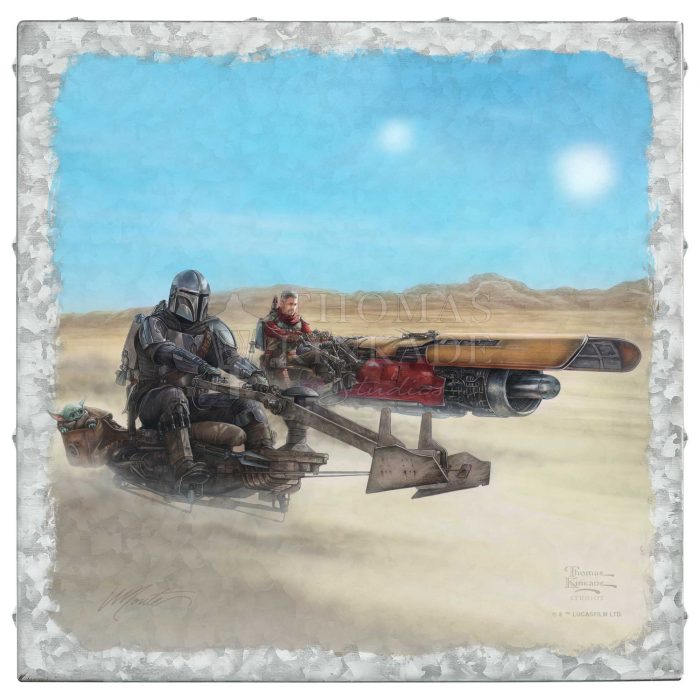 Mando rides on a Outer Rim speeder bike and the Marshal on a modified Podracer. as they travel to the Krayt Dragon’s Lair,  Metal Box Art