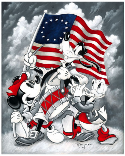 America's patriots Mickey, Goofy and America's patriots Mickey, Goofy, and Donald posing with the 13th Star American Flag.