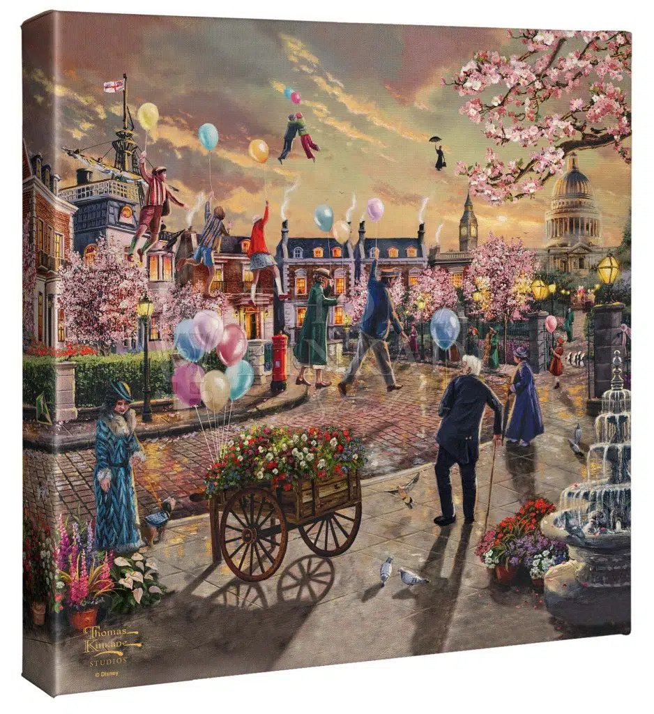 Mary Poppins at a distance, slowly moves towards the setting sun, in the busy London Square.  14x14