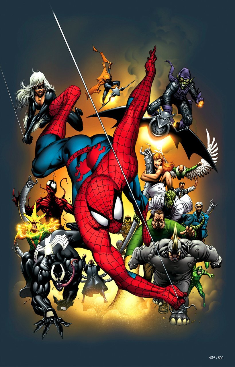 A collage of of Marvel's Characters - Spider-Man, Black Cat, Green Goblin, Vulture, Lizard, Rhino, Venom, Sandman, Doctor Octopus, Electro, Hobgoblin, May Parker, Mary Jane, Scorpion, Johan Jameson, Carnage, and Shocker!