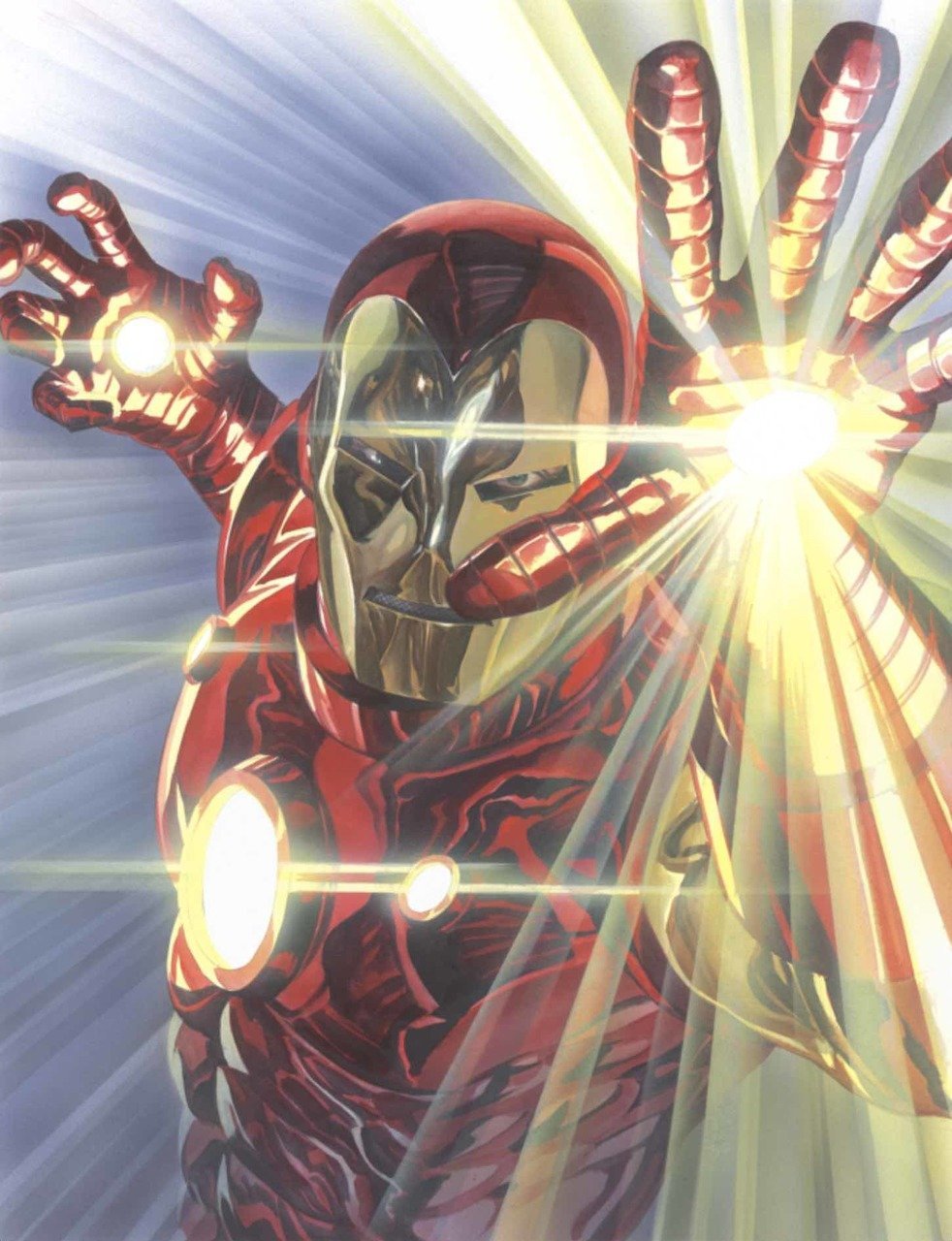 Iron-Man shots his rays from the palms of his gauntlets.