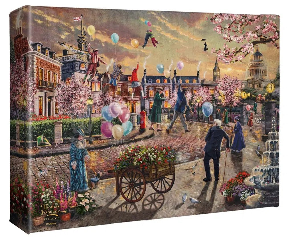 Mary Poppins at a distance, slowly moves towards the setting sun, in the busy London Square.  8x10