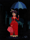 Mary Poppins in her red dress and hat holding a blue umbrella.